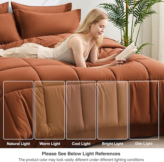 Love's cabin King Size Comforter Set Burnt Orange, 7 Pieces King Bed in a Bag, All Season Bedding Sets with 1 Comforter, 1 Flat Sheet, 1 Fitted Sheet, 2 Pillowcase and 2 Pillow Sham