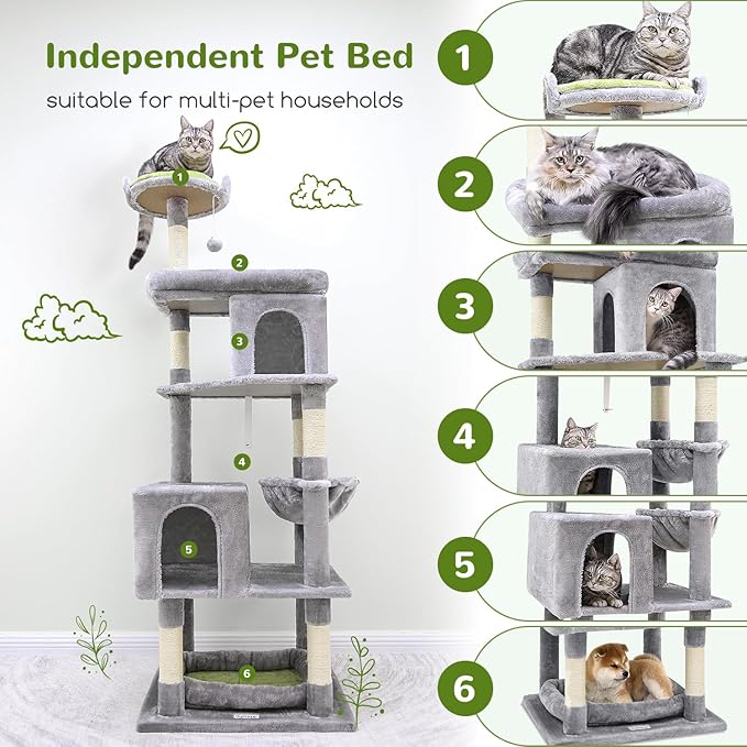 Globlazer Heavy Duty Cat Trees for Large Cats, Sturdy 72in Maine Coon Cat Tree for Large Cats 20 lbs+ Heavy Duty Cat Tower for Adult Biggest Cat with 6 Scratching Posts, Hammock, S72, Light Grey-Mewly Pet