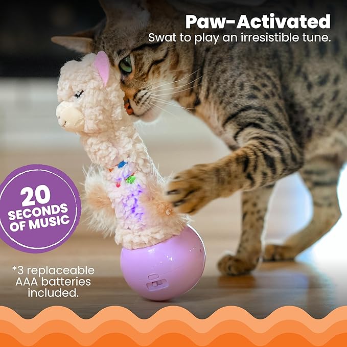 Catstages Electronic Dancing Llama Interactive Cat Toy, Wobbles and Plays Music, Battery Powered, Plush, White-Mewly Pet