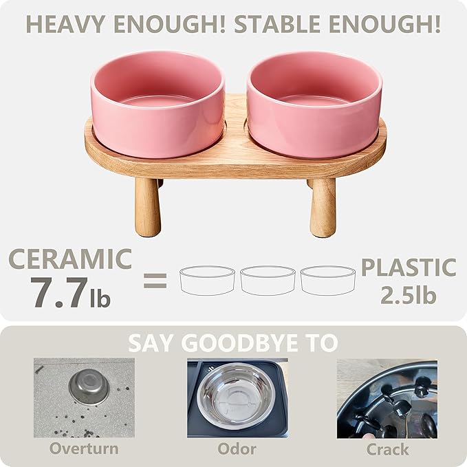 Ceramic Elevated Dog Bowls, Pet Food and Water Bowl Set for Large Dogs, 7.5 Cups Dog Bowls Raised with Wood Stand, 61OZ, Pink-Mewly Pet