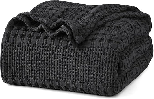 PHF 100% Cotton Waffle Weave Blanket Twin Size for Bed, Soft Lightweight & Breathable, All-Season Comfort, Luxury Aesthetic Woven Bedding for Home Decor, 66"x90", Black