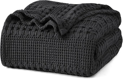 PHF 100% Cotton Waffle Weave Blanket King Size for Bed, Soft Lightweight & Breathable, All-Season Comfort, Luxury Aesthetic Woven Bedding for Home Decor, 108"x90", Black
