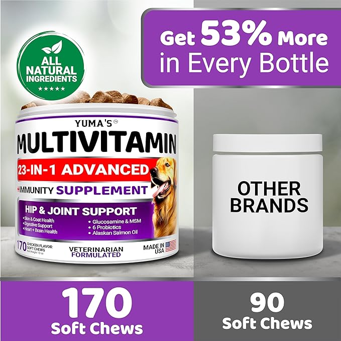 Dog Multivitamin Chewable with Glucosamine - Dog Vitamins and Supplements - 170 Treats - Senior & Puppy Multivitamin for Dogs - Hip & Joint Support - Immune Health, Skin, Heart, Digestion, Probiotics-Mewly Pet