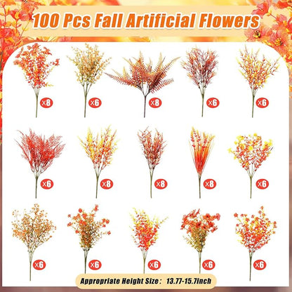 Mimorou 100 Bundle Fall Artificial Flowers Outdoor UV Resistant Autumn Orange Fake Plants Flowers Faux Plastic Greenery Decoration Shrub for Wedding Window Box Home Porch Fireplace Thanksgiving