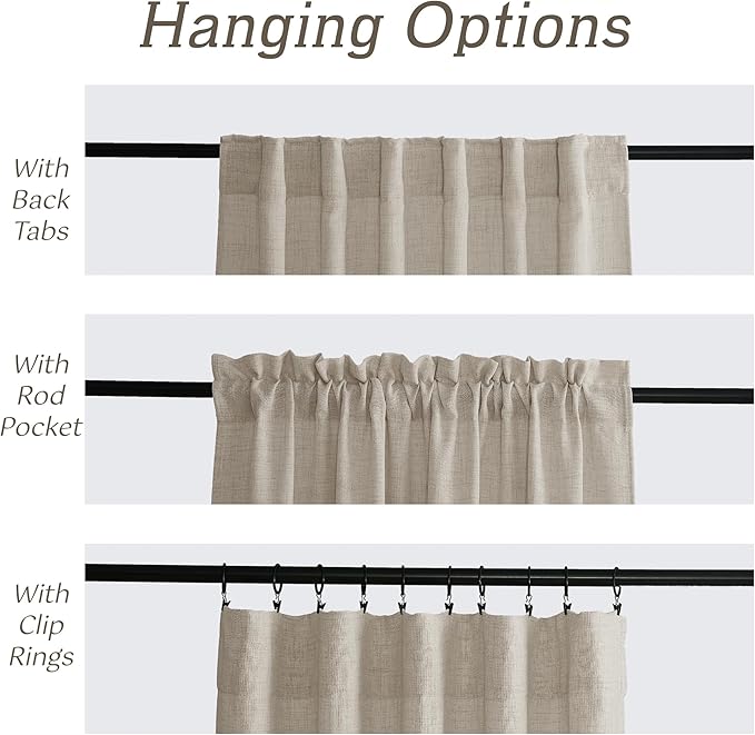RYB HOME Natural Beige Linen Sheer Curtains 84 inches Long for Bedroom and Living Room, Back Tab/Rod Pocket, Light Filtering Sheer Curtains and Drapes, W 52 x L 84 inches, 2 Panels Set