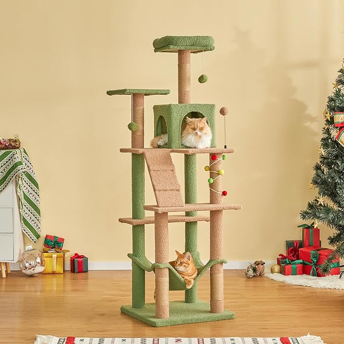 MWPO 63.8 Inches Green Cat Tree for Indoor Cats, Multi-Level Cat Tower with Sisal-Covered Scratching Posts, Padded Platform, Hammock, Dangling Toys, Stable Cat Condo Pet Play House-Mewly Pet