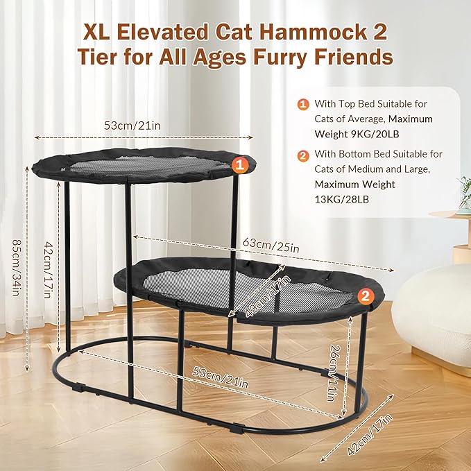 Defined Deco 2 Tier Elevated Cat Hammock Bed, Furniture Cat Bed Breathable Comfortable, Raised Cool Ca t Hammock for Indoor Cats, with Removable Mesh and Steel Frame for Summer-Mewly Pet
