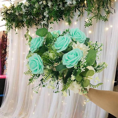 Artificial Rose Flowers 25pcs, Cyan Foam Fake Rose Faux Flower for Wedding Bouquets Bridal Shower Centerpieces Floral Arrangements Home Decorations Party Backdrops Table