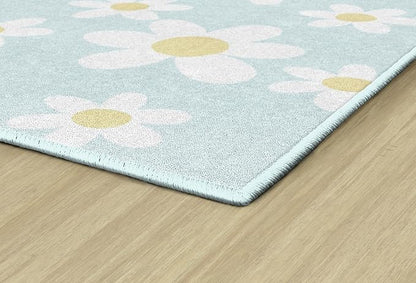 Flagship Carpets Schoolgirl Style White Daisies on Blue Educational Area Rug for Kids Room Seating Décor, Children's Classroom, Play Carpet for Teaching and Playroom, 7'6" x 12'