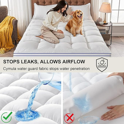 CYMULA Short Queen Mattress Topper Waterproof, Cooling Topper for Mattress, Thick Mattress Pad Cover Pillow Top Mattress Topper, Plush Down Alternative Fill Mattress Protector