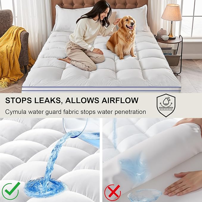 CYMULA Queen Mattress Topper Waterproof, Cooling Pillow Top Mattress Topper, Extra Thick Mattress Pad Cover with 8-21 Inch Elasticated Deep Pockets, Plush Down Alternative Fill Mattress Protector