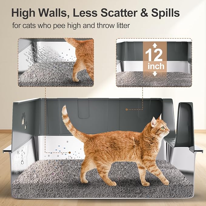 Sousia 2 Packs XL Stainless Steel Cat Litter Box with Lid High Sides, Extra Large Metal Litter Box, Non-Sticky Anti-Leakage Easy Cleaning for Large & Multiple Cats,Scoop Included-Mewly Pet