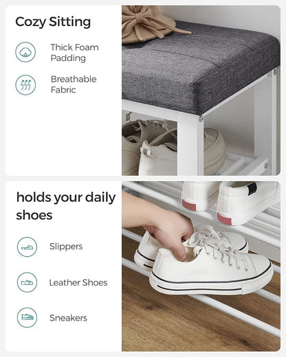 SONGMICS Shoe Bench, Storage Bench, Entryway Bench with Cushion, Shoe Shelf with Seat, Space-Saving, Modern Style, for Living Room, Bedroom, Hallway, Dark Gray and Cloud White ULBS057W01
