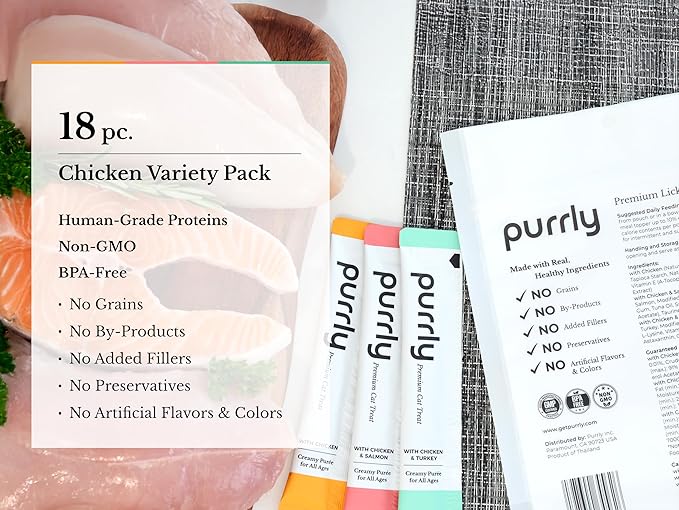 Purrly Lickable Wet Cat Treats Healthy Grain-Free Chicken Variety Pack (18 Count) Squeezable Creamy Purée with Human-Grade Protein Sources and Functional Nutrients Non-GMO No-Artificial-Additives-Mewly Pet