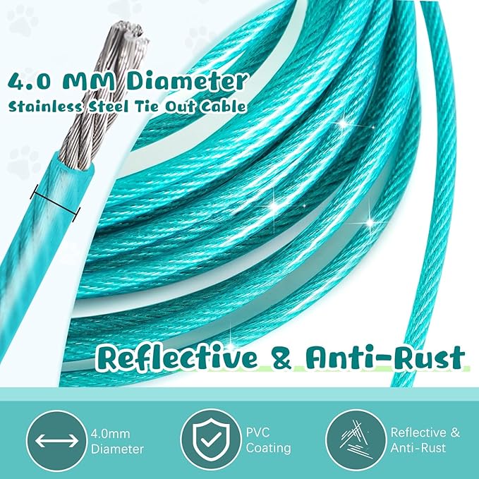 Tie Out Cable for Dogs, 15FT Dog Leads for Yard Chew Proof, Heavy Duty Dog Tie Out Cable with Shock Absorbing Spring for Large Dogs Up to 125lbs, Durable Dog Runner for Yard or Camping-Mewly Pet
