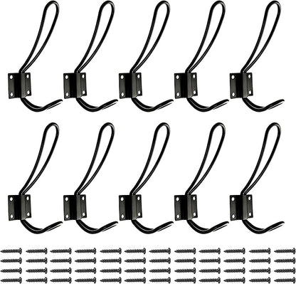 Rustic Entryway Hooks | 10 Pack of Black Wall Mounted Vintage Double Coat Hangers with Large Metal Screws Included