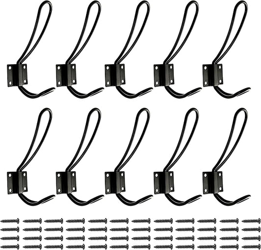 Rustic Entryway Hooks | 10 Pack of Black Wall Mounted Vintage Double Coat Hangers with Large Metal Screws Included