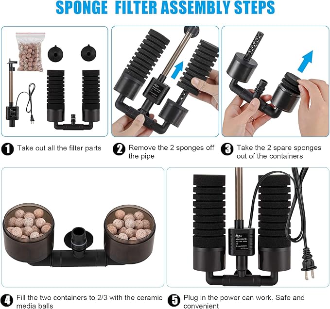 AQQA Aquarium Sponge Water Filter, Power Driven Double Biochemical Filter, Quiet Submersible Foam Filter with 2 Extra Sponges, 1 Bag of Filtered Ceramic Balls for Fresh and Salt Water Fish Tank (L)-Mewly Pet