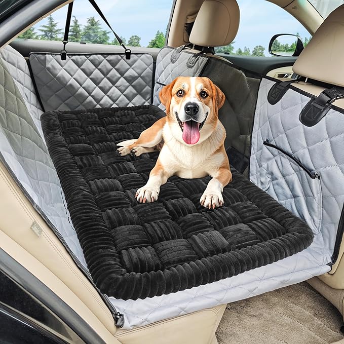 Dog Car Bed Mat, Non-Slip Backseat Extender Pet Blanket, Plaid Dog Bed for Trucks, Sedans & Large SUVs, Chew-Resistant Travel Pad for Dogs, Easy Clean & Scratch-Proof & Comfort (56"x28.7") Black-Mewly Pet