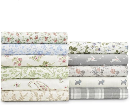 Laura Ashley - Flannel Sheets Full Size, Anti-Pilling & Wrinkle Resistant Cotton, Touchably Soft for All-Season Comfort - Bed Sheets with Matching Pillowcases & Fitted Sheet (Mulholland Plaid Grey)