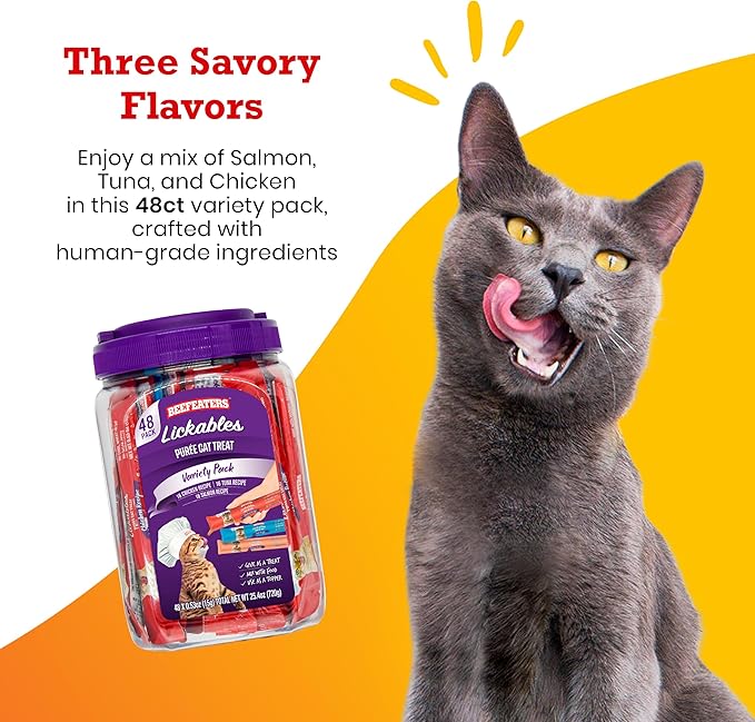 Beefeaters Cat Treats Variety Pack Lickable Puree 48ct – Salmon, Tuna & Chicken, Grain-Free, Taurine-Enriched, Ideal for Training & Interactive Feeding-Mewly Pet