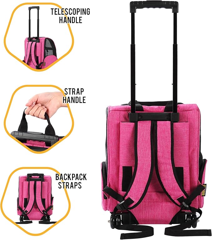 KOPEKS Deluxe Backpack Pet Travel Carrier with Double Wheels for Pets up to 18 Pounds - Pink-Mewly Pet