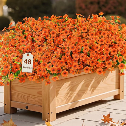 SHareconn 48 Bundles Artificial Fall Flowers for Outdoors Decoration, UV Resistant Silk Eucalyptus Lavender Faux Autumn Fake Plants for Outside Indoor Garden Yard Porch Home Decor, Orange