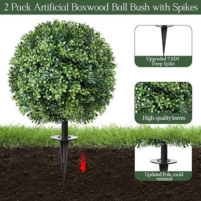 24" Artificial Topiary Boxwood Ball Tree with Ground Spike, Set of 2, UV Resistant Outside Fake Bushes Plants, Faux Cedar Balls Faux Shrubs Plastic Plants for Outdoor Indoor Front Porch Garden Decor