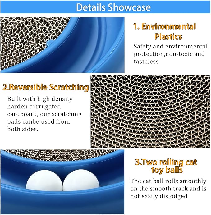 Interactive Cat Ball Track Toy for Indoor Cats, Cat Scratching Board & Exercise Set for Bored Indoor Adult and Kitten Mental & Physical Stimulation, with Spare Ball to Prevent Loss (Blue)-Mewly Pet