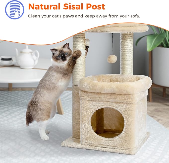 PEQULTI Cat Tree Cat Tower for Indoor Cats with Private Cozy Cat Condo, Natural Sisal Scratching Posts and Plush Pom-pom for Small Cats,Beige-Mewly Pet
