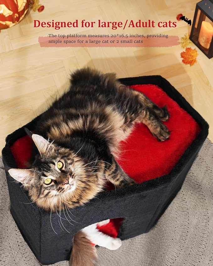 Gothic Cat Condo Cave for Indoor Cats, Spacious Indoor Coffin Cat House Bed,Large 20x13.5inch Bunk Perch, Stable Cubbie for Pets Rabbits, Halloween Red Black-Mewly Pet