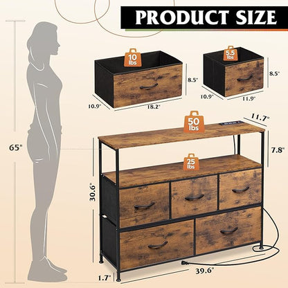 WLIVE Dresser for Bedroom, 5 Drawer Dressers with Charging Station, Fabric Chest of Drawers with Open Shelves, Storage Dresser for Living Room, Closet, Entryway, Rustic Brown Wood Grain Print