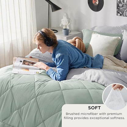 Bedsure Sage Green Queen Comforter Set - 7 Pieces Reversible Bed Set Sage Green Bed in a Bag Queen with Comforters, Sheets, Pillowcases & Shams, Queen Bedding Sets