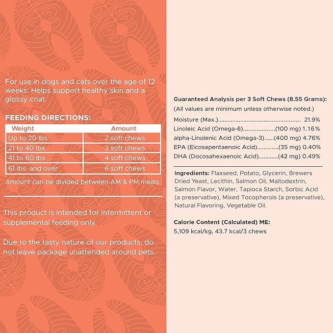 Salmon Oil for Dogs - Soft Chew Omega Treats for Skin and Coat - Fish Oil Blend of Essential Fatty Acids, Omega 3 and 6, Vitamins, Antioxidants and Minerals - Made in USA (180 Chews, Salmon)-Mewly Pet