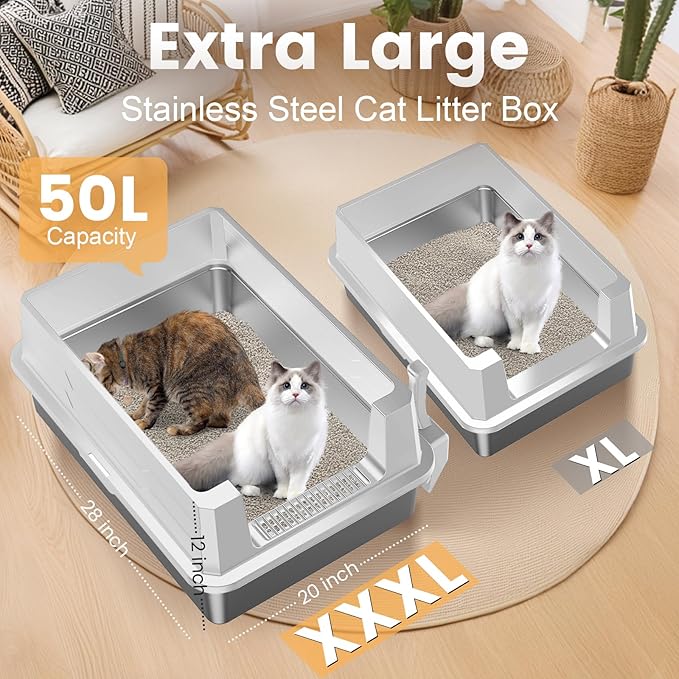 XXXL Stainless Steel Litter Box,Extra Large 28" L x 20" W Metal Litter Box for Big Cats & Multiple Cats with High Sided, Anti-Urine Leakage, Non-Sticky, Easy Cleaning, Include Scoop(White-Mewly Pet