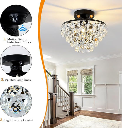 YYJLX Indoor Motion Sensor Ceiling Light Fixture Modern Cryatal Semi Flush Mount Ceiling Light Black Ovrehead Light Fixture for Porch Hallway Front Entryway Kitchen Hall Garage.