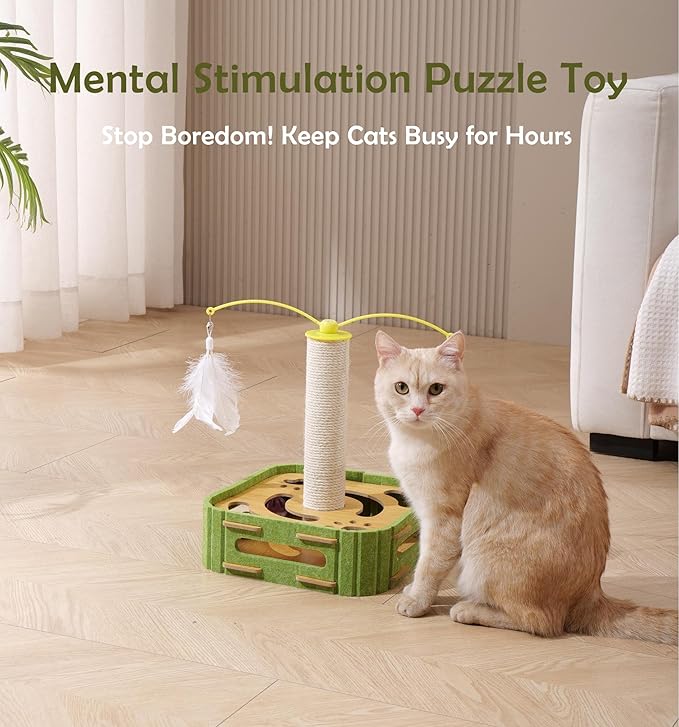 Interactive Cat Puzzle Toy - Scratching Post with Spinning Balls & Feathers for Indoor Cats, Satisfies Hunting Instinct, Self-Play Mental Stimulation Game with Rolling Track-Mewly Pet