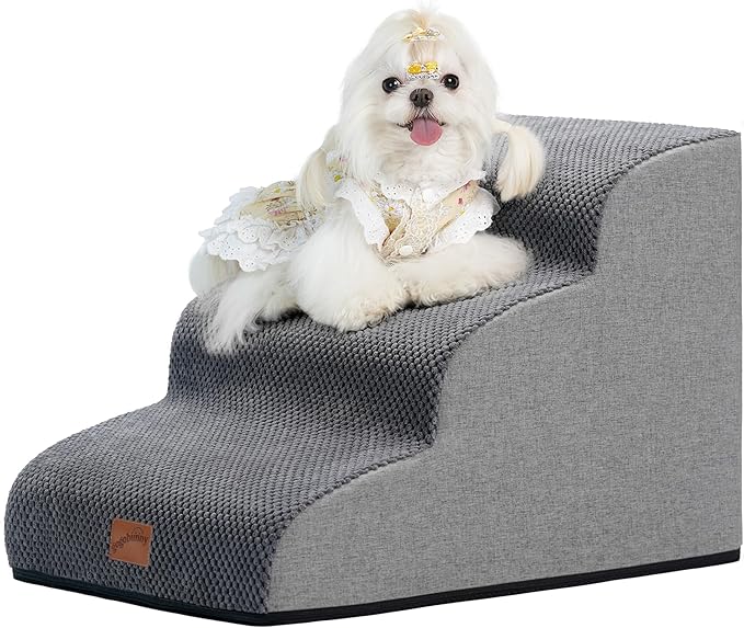 GoGoBunny Ramp Dog Stairs for Couch Sofa and Chair 15.7" H, 3-Step Pet Steps for Small Dogs and Cats, Non-Slip Waterproof Fabric Cover, Stable and Balanced Indoor Step, Pets Friendly, Grey-Mewly Pet
