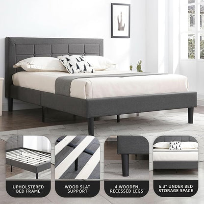 Decoro Mornington Upholstered 2.0 Platform Bed, Button-Tufted Fabric Headboard and Metal Frame with Wood Slat Support, Dark Grey, Full
