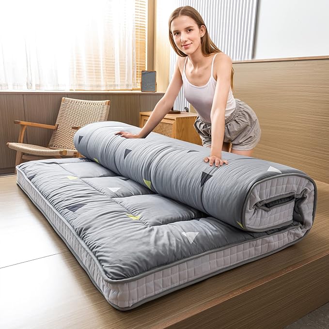 MAXYOYO Grey Triangle Futon Mattress, Padded Japanese Floor Mattress Quilted Bed Mattress Topper, Extra Thick Folding Sleeping Pad Breathable Floor Lounger Guest Bed for Camping Couch, Full