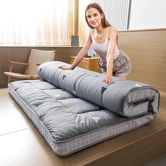 MAXYOYO Grey Triangle Futon Mattress, Padded Japanese Floor Mattress Quilted Bed Mattress Topper, Extra Thick Folding Sleeping Pad Breathable Floor Lounger Guest Bed for Camping Couch, Full