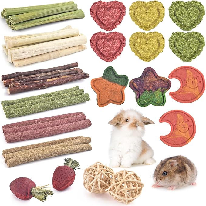ERKOON 33PCS Bunny Chew Toys for Rabbits Teeth, Natural Rabbit Toys Apple Wood Sticks, Carrot, Timothy Grass Toys for Small Pets, Hamster, Chinchilla, Guinea Pig Dental Care and Treat Teething Toys-Mewly Pet