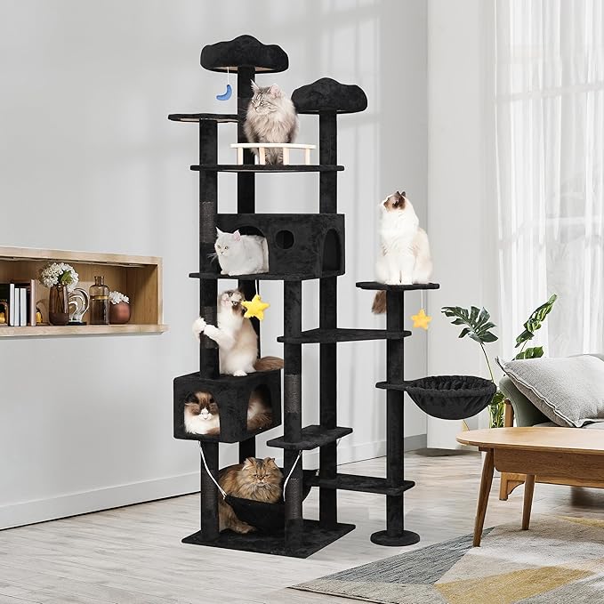 85inch Giant Cat Tree for Heavy Duty Big Cats, Multi-Level Luxury Cat Tower with Scratching Post, Cat Condo with Hammocks & Plush Perches for Indoor Cats Large Adult, Black-Mewly Pet
