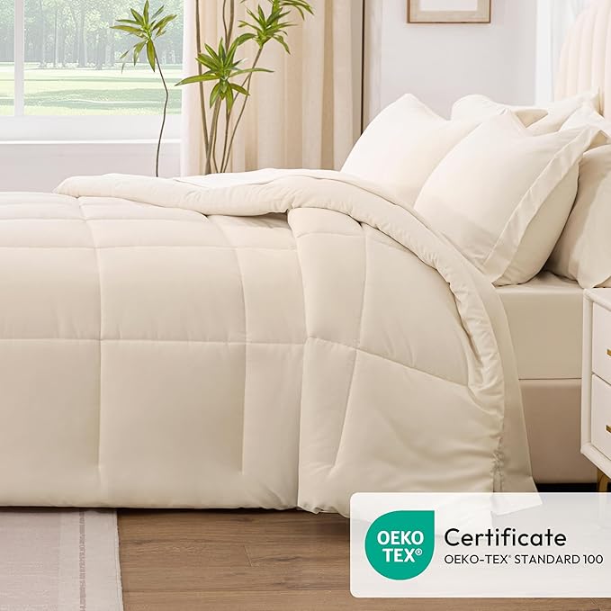 Love's cabin California King Comforter Set Beige, 7 Pieces California King Bed in a Bag, All Season Bedding Sets with 1 Comforter, 1 Flat Sheet, 1 Fitted Sheet, 2 Pillowcase and 2 Pillow Sham