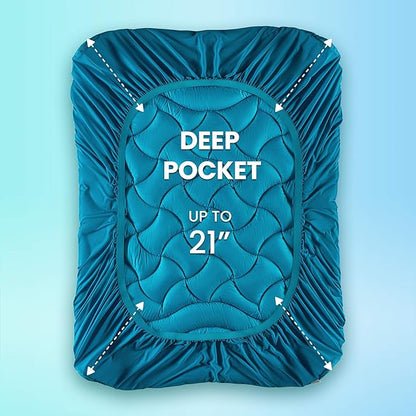SLEEP ZONE Cooling Queen Mattress Pad, Premium Zoned Quilted Fitted Mattress Topper, Elastic Mattress Protector Cover, Machine Wash Durable, Deep Pocket 8-21 inch, Teal, Queen