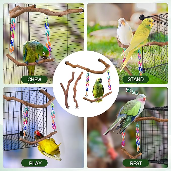 Bird Swing Toys, Standing Bird Perch with Natural Grape Wood, U Shape Hangable Birdcage Accessories, Birds Chewing Toy for Budgerigars, Parakeets, Cockatiels, Conures, Lovebirds, Finches (3Pack)-Mewly Pet