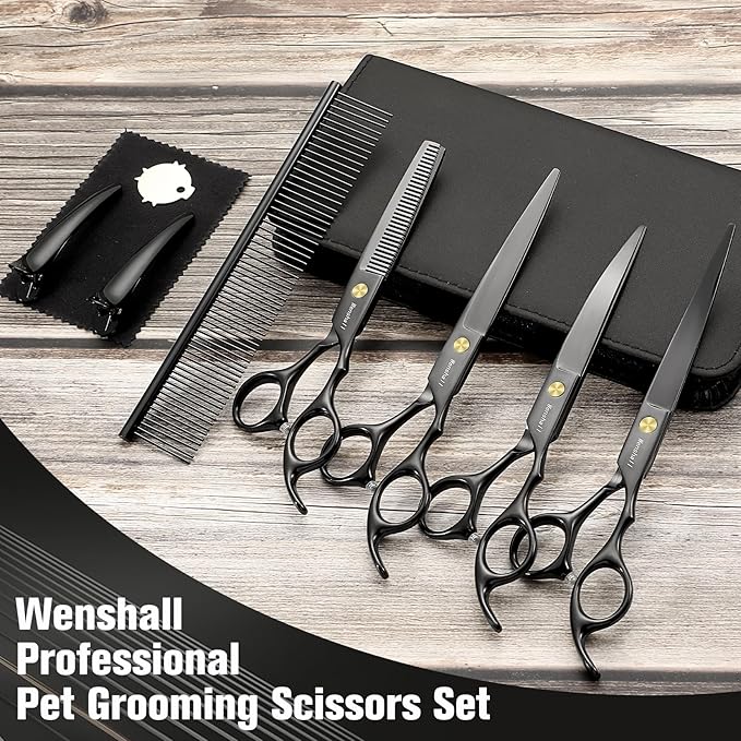 Professional Dog Grooming Scissors Set - 6.5" Thinning, 7" Straight, 7" Up-Curved, 7" Down-curved Scissors and Comb for Dog Cat Pet (Black)-Mewly Pet