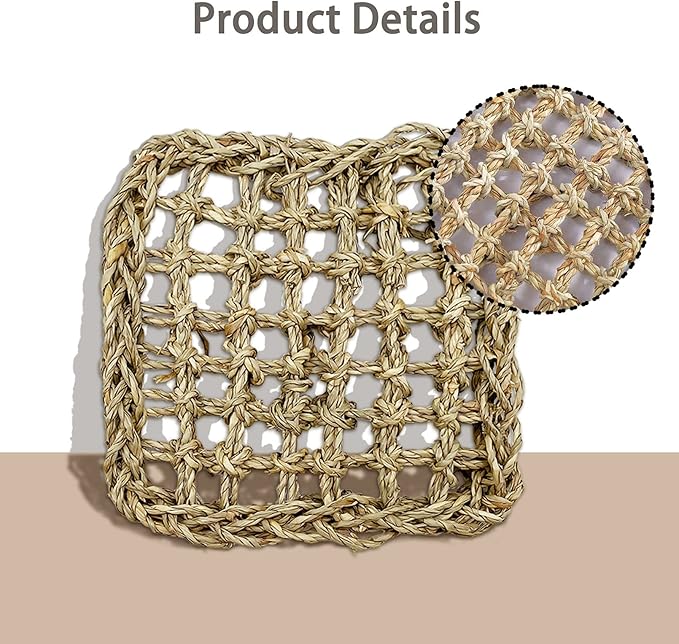 BNOSDM Bird Seagrass Mat, 3 PCS 7.1 x 7.1 Inches Parrot Natural Seagrass Woven Bird Net Hammock Mat, Parakeet Climbing Rope Ladder Chew Toys Hut Hideout for Lovebird Cockatiel Conure Budgie-Mewly Pet