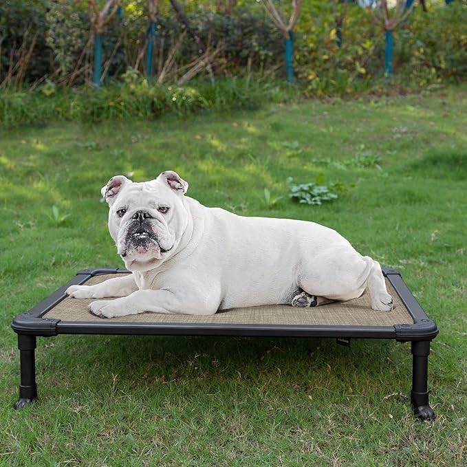 Veehoo Chew Proof Elevated Dog Bed - Cooling Raised Pet Cot - Rustless Aluminum Frame and Durable Textilene Mesh, Unique Designed No-Slip Feet for Indoor or Outdoor Use, Beige Coffee, Medium-Mewly Pet