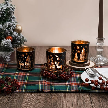 Votive Candle Holders, Black and Gold Glass Tealight Candle Holder Set of 3, Christmas Candle Holder with Elk, Xmax Tree, Snowflake Pattern, Table Canterpieces for New Year Party Decor
